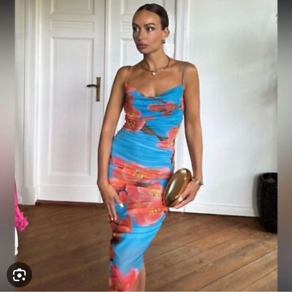 Draped printed tulle dress